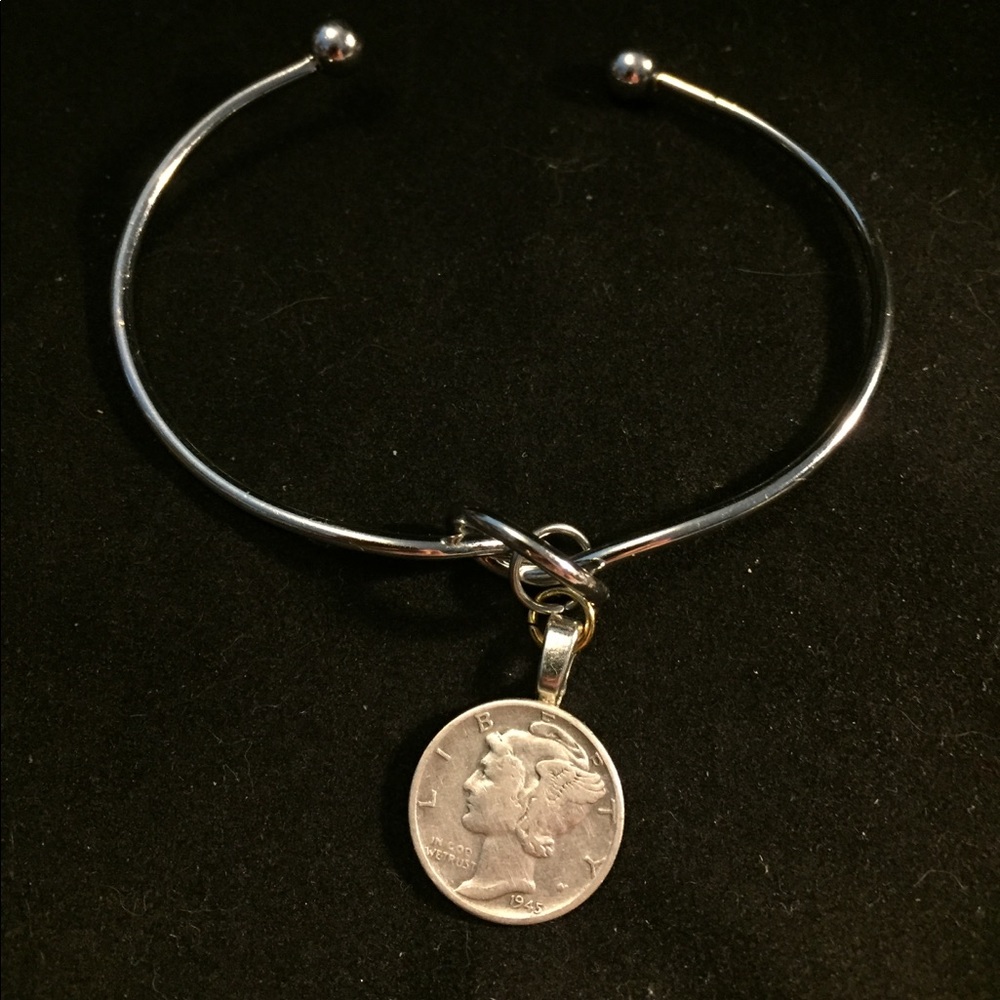 Rose Gold bangle bracelet with Mercury Dime charm